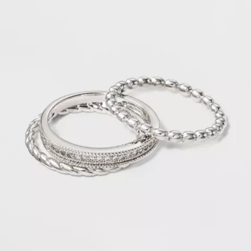 Silver Plated 3 Band Ring Set With Cubic Zirconia - A New Day™ Silver/Clear